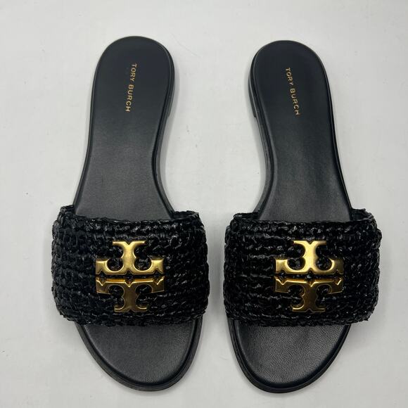 NEW NWT Tory Burch Everly Slide Sandals Perfect Black/Gold Size 8 - Picture 1 of 5